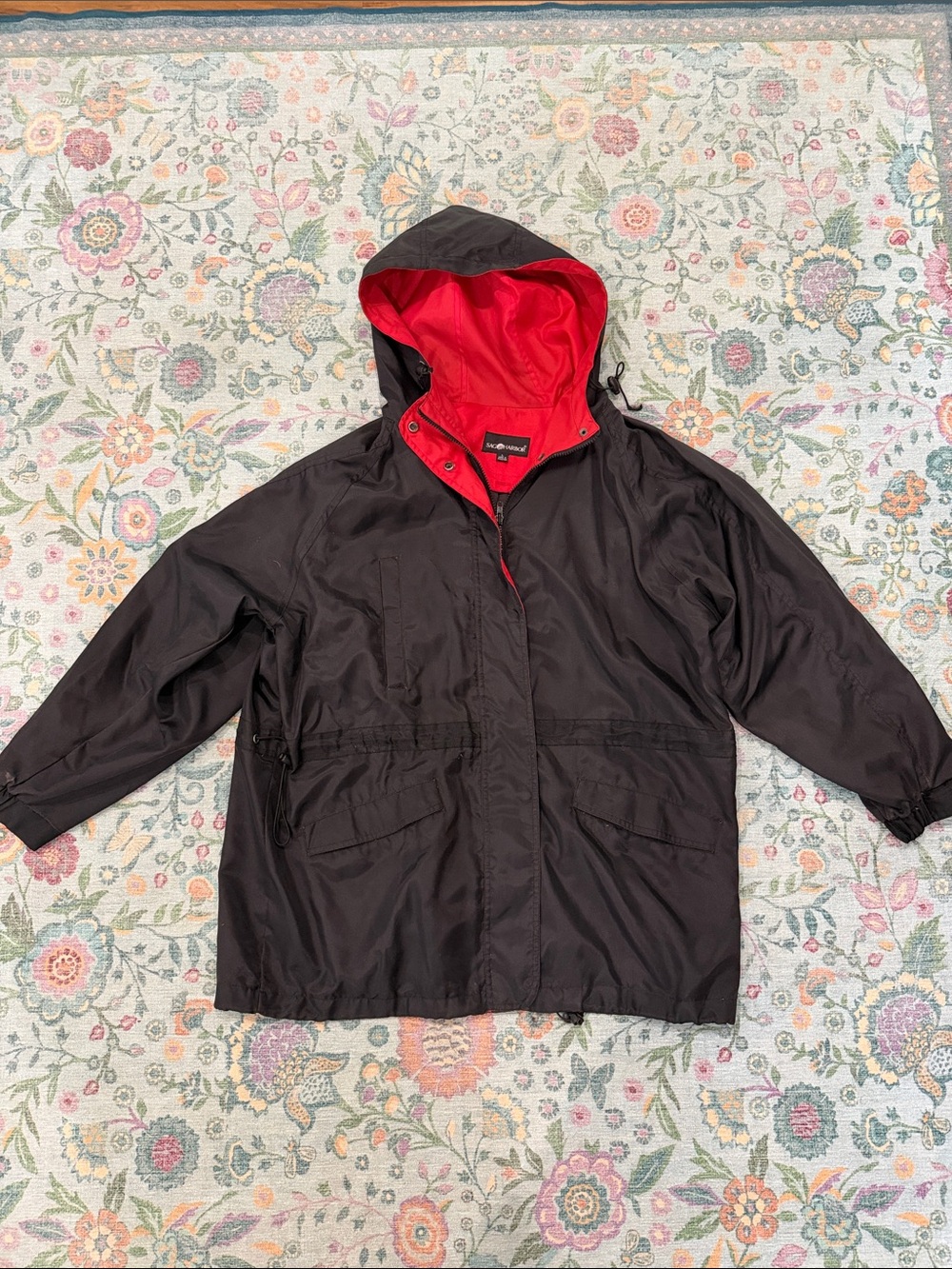 Sag Harbor Black Raincoat with Red Lined Hood